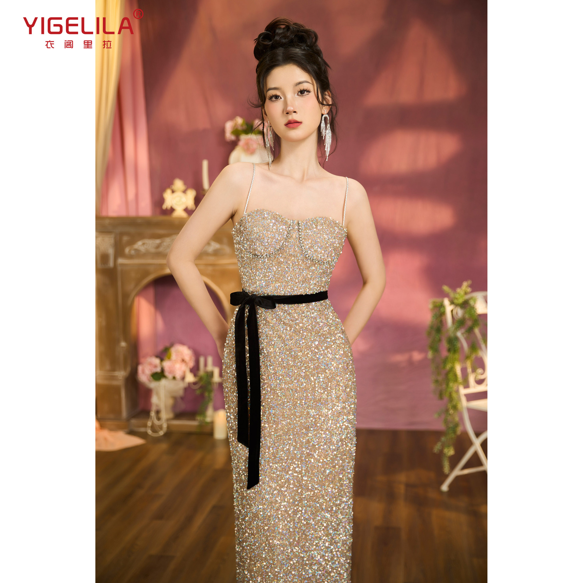 金色亮片吊带轻奢气质鱼尾连衣裙敬酒服宴会主持晚礼服长裙 68460