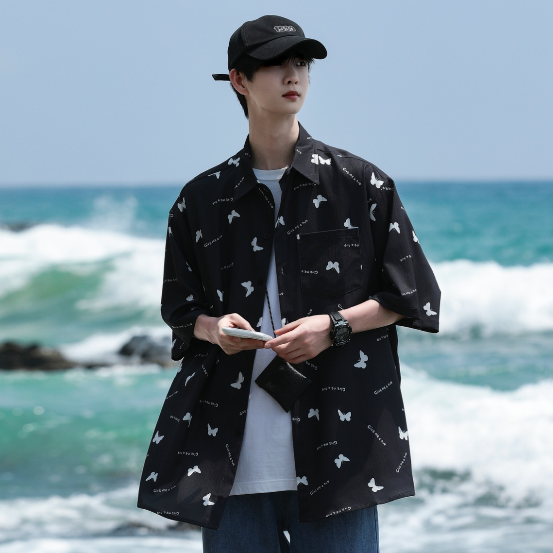 2024夏季新款短袖衬衫男士花衬衣日系小清新潮牌半袖衬衣外套男装