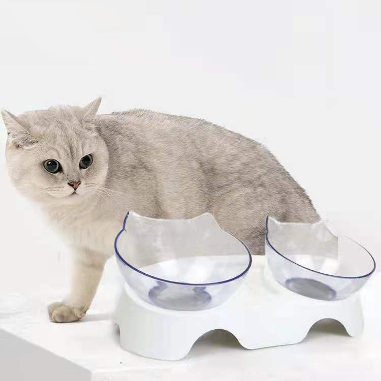 可爱猫耳朵猫碗斜口双碗饮水猫食盆宠物碗泰迪狗粮碗猫咪保护颈椎