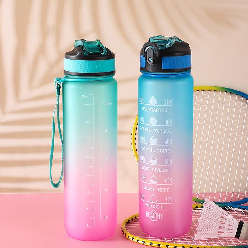 Color Spray Plastic Water Cup Outdoor Portable with Rope Handle Sports Bottle 1000ml Bounce with Scale Sports Bottle