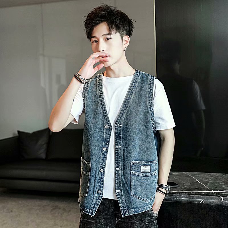 夏季牛仔马甲男士韩版无袖坎肩修身牛仔背心马夹上衣服春秋个性潮