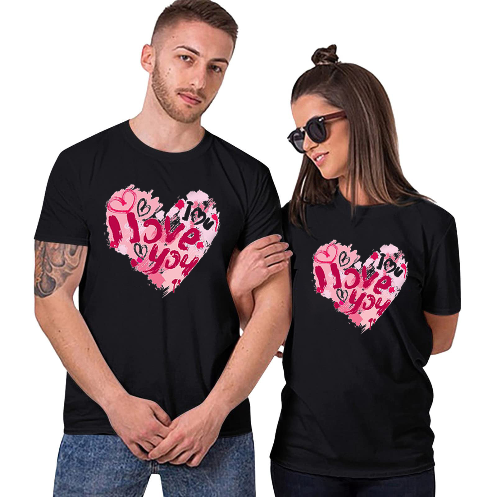 情人节t恤女爱心印花短袖情侣款爱心花朵t恤欧码欧美女情人节短袖