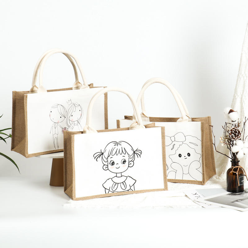 muji无印现货涂鸦麻布袋diy手绘画麻布包文艺复古亚麻黄麻手提袋