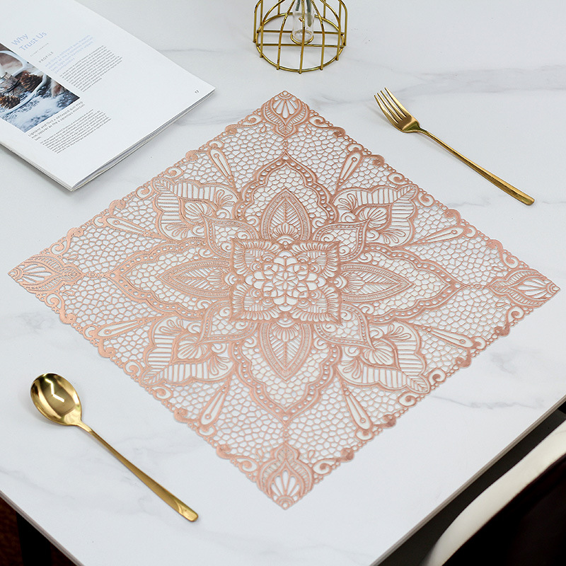 Creative Square Flower Pvc Placemat European Entry Lux Bronzing Hollow Water-Proof, Oil-Proof and Non-Slip Heat Proof Mat Table Mat
