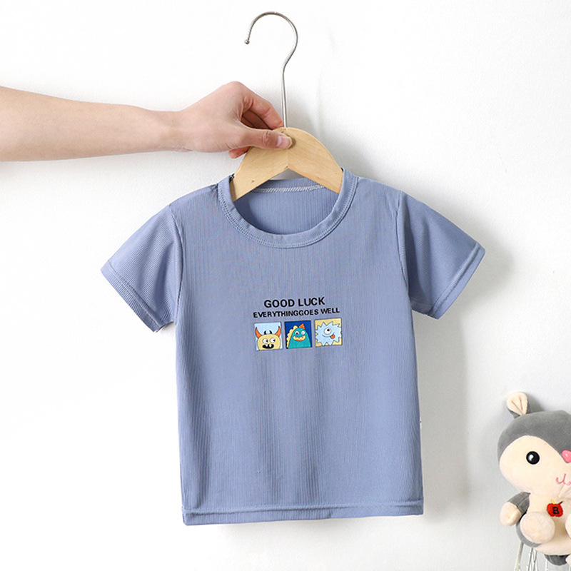 Ice Silk Children's Short-Sleeved T-shirt 23 Summer New Pure Color Cartoon Children Teens Tops Baby Half Sleeve Bottoming Shirt