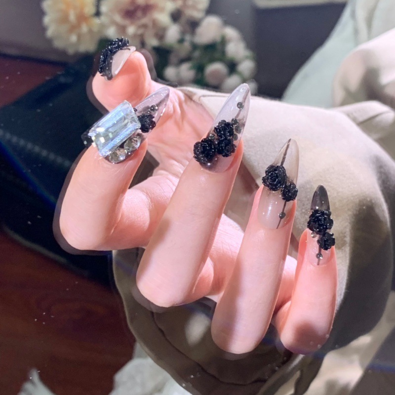 Handmade Wear Nail Drop Shape Black Camellia Stick-on Crystals High-Grade Temperament Finished Wear Nail Detachable