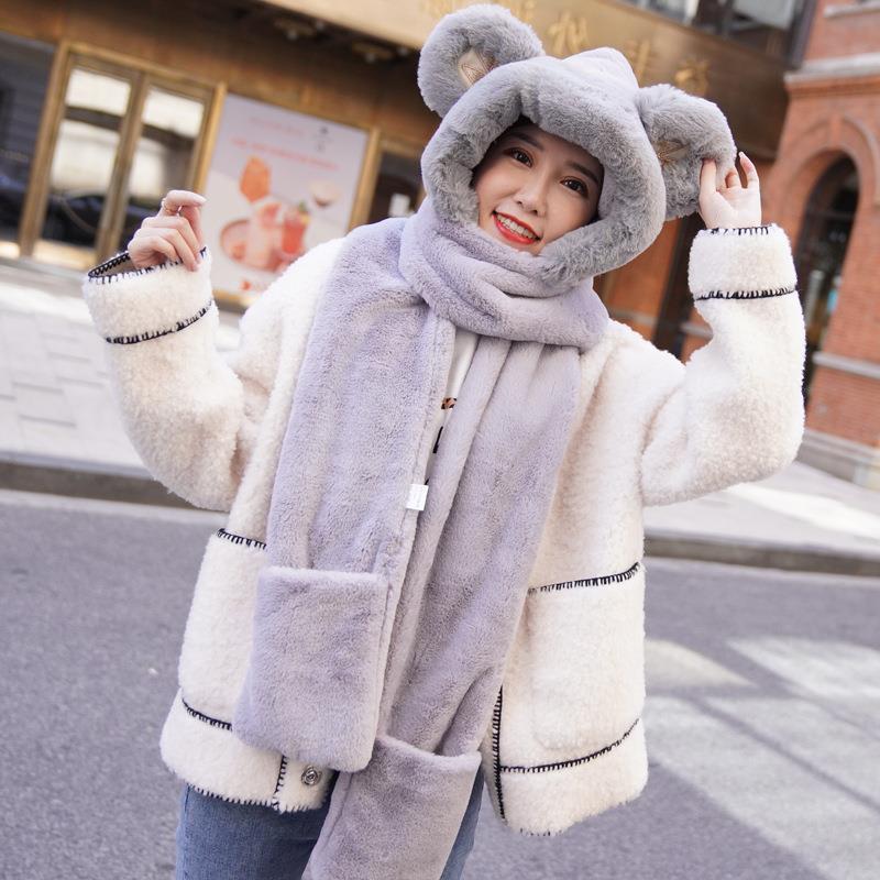 Autumn and Winter New Cute Bear Ear Scarf Female Thickened Fleece Warm Gloves Hat Scarf Integrated Three-Piece Set