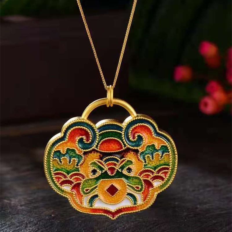 越南沙金传承古法老金工艺烧蓝瑞兽狮吊坠 景泰蓝珐琅彩长款项链