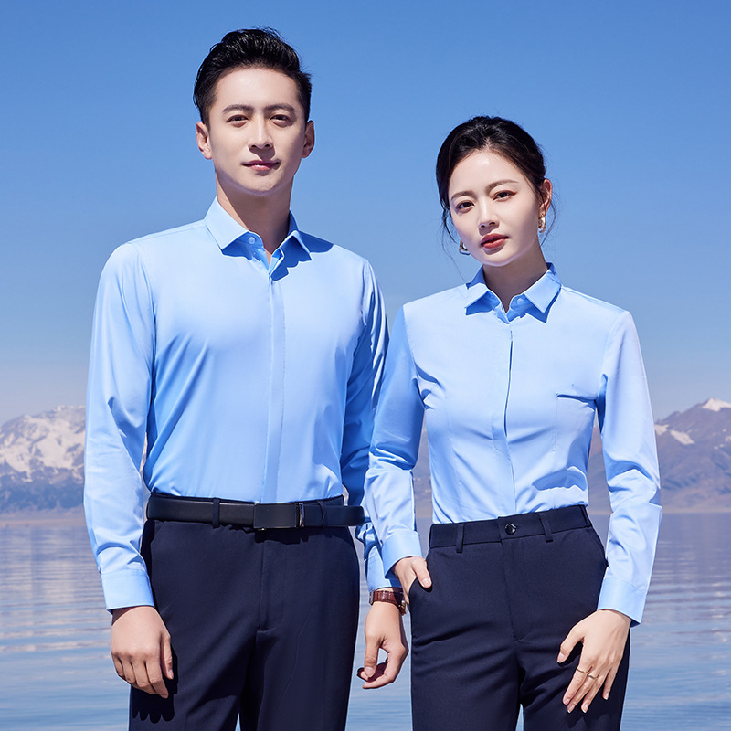 商务长袖衬衫女金融白领职业白色衬衣比亚迪4s店工装免烫寸衫暗扣