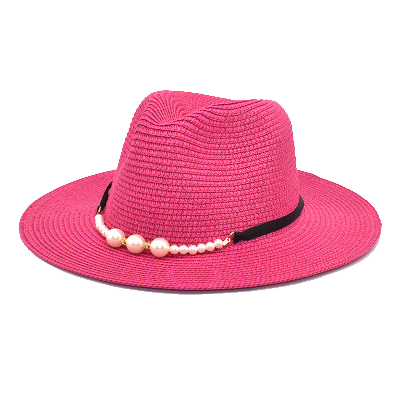 European and American Spring and Summer Sun Protection Pearl Accessories Sun Hat Black Flat Brim Retro New Jazz Top Hat Men's and Women's Straw Hat