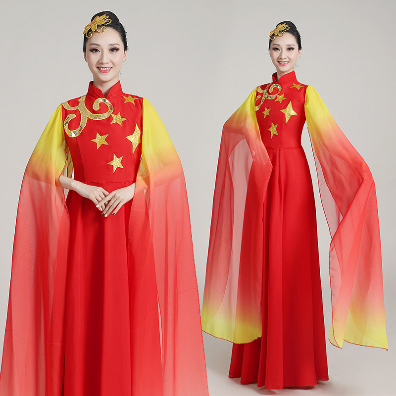 大合唱团演出服女独唱表演比赛服装指挥朗诵礼服红色长裙时尚大气