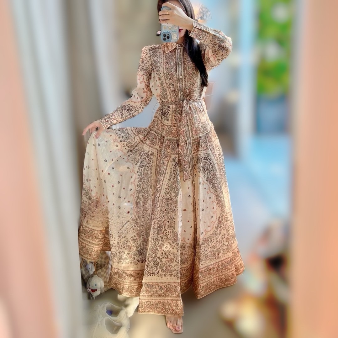 澳洲高端女装小众法式茶歇民族风连衣裙优雅名媛气质风长袖长裙