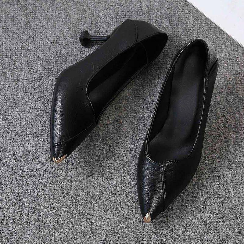 ad黑色皮鞋女工作鞋职业软底礼仪鞋中跟面试上班鞋单鞋女尖头高跟