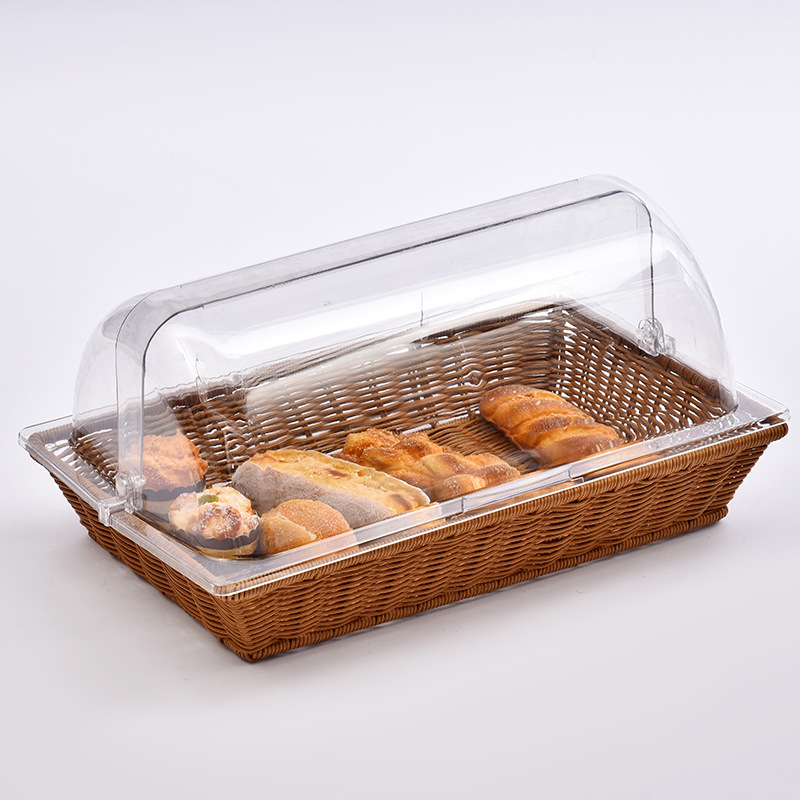 Wholesale Bread Basket Cake Tray Fruit Plate with Lid Rattan Woven Sampling Plate Dim Sum Plate Pastry Dessert Transparent Cover