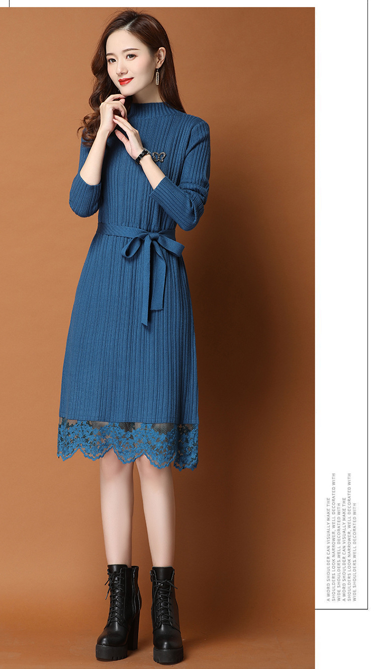 恒源祥毛衣连衣裙女秋冬中长款针织羊毛绒打底衫过膝新款一件代发