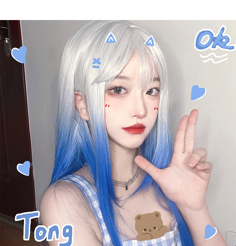 漫真假发女长发长直发网红同款可爱jk二次元cos蓝白渐变全头套式