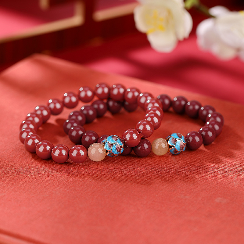 壹鹿银s925纯银朱砂月光石国潮景泰蓝莲花圆珠手链好运连连银手串