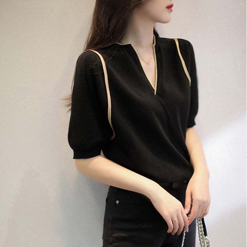 冰丝黑色v领短袖t恤女春季薄款2023年新款撞色气质宽松针织衫上衣