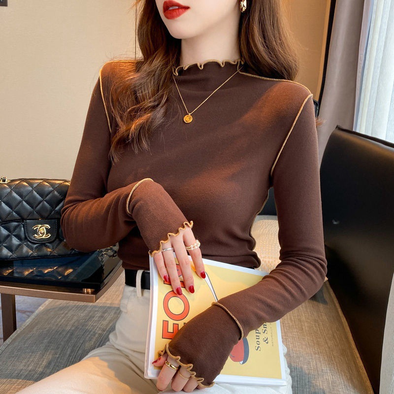 Double-Sided Wear Dralon Bottoming Shirt for Women 2023 Autumn and Winter Warm Half Turtleneck Wooden Ear Sweet Spicy Long Sleeve T-shirt Top for Women