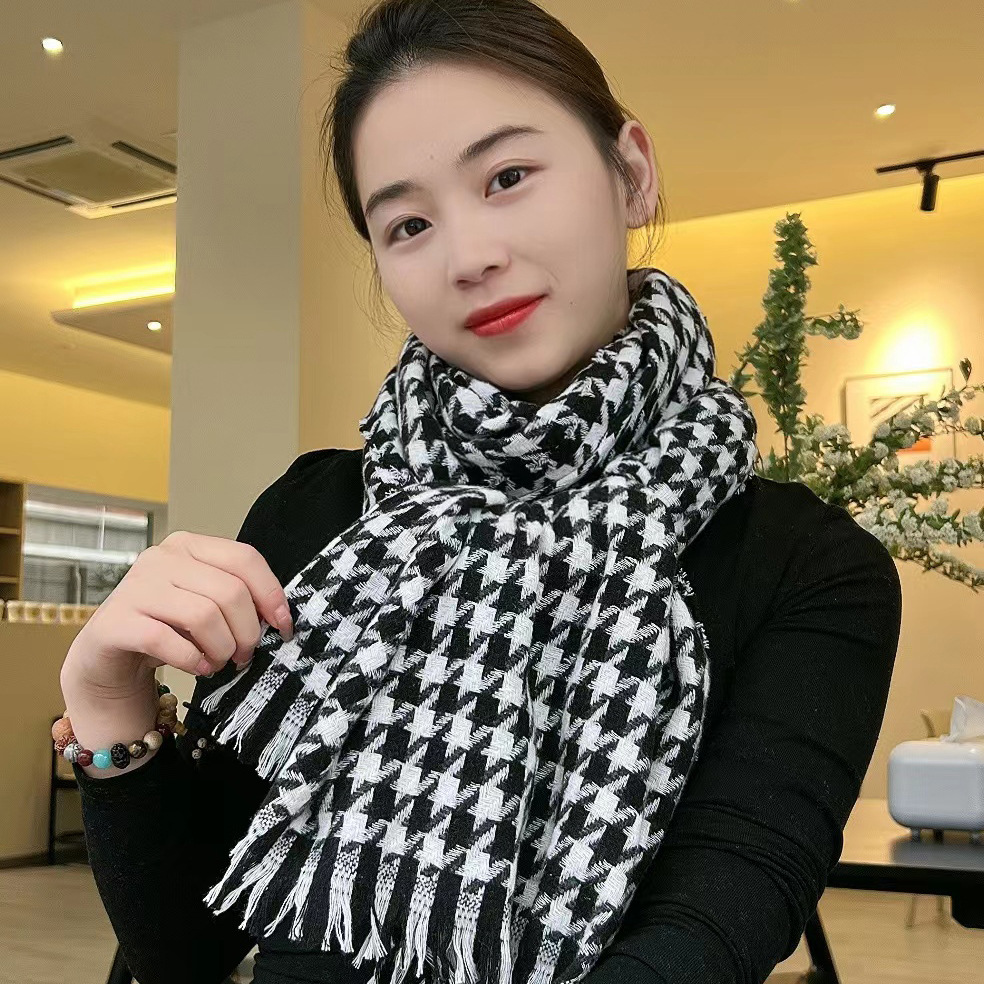 Houndstooth Scarf Classic Large Version New Style Cashmere-like Korean Style Versatile Student Couple Fashion Tassel Double-Sided Empty