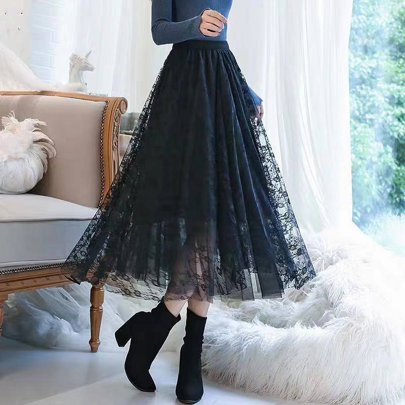 两面穿百搭新款高腰字裙显瘦中长款纱裙气质半身裙黑色蕾丝长裙
