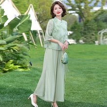 夏季新款妈妈中国风套装女宽松改良旗袍七分袖两件套新中式套装女