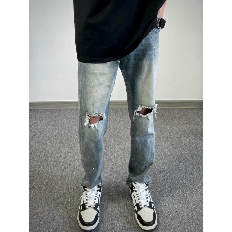 春夏高街膝盖破洞牛仔裤男泼墨设计休闲修身小脚长裤子潮-阿里巴巴