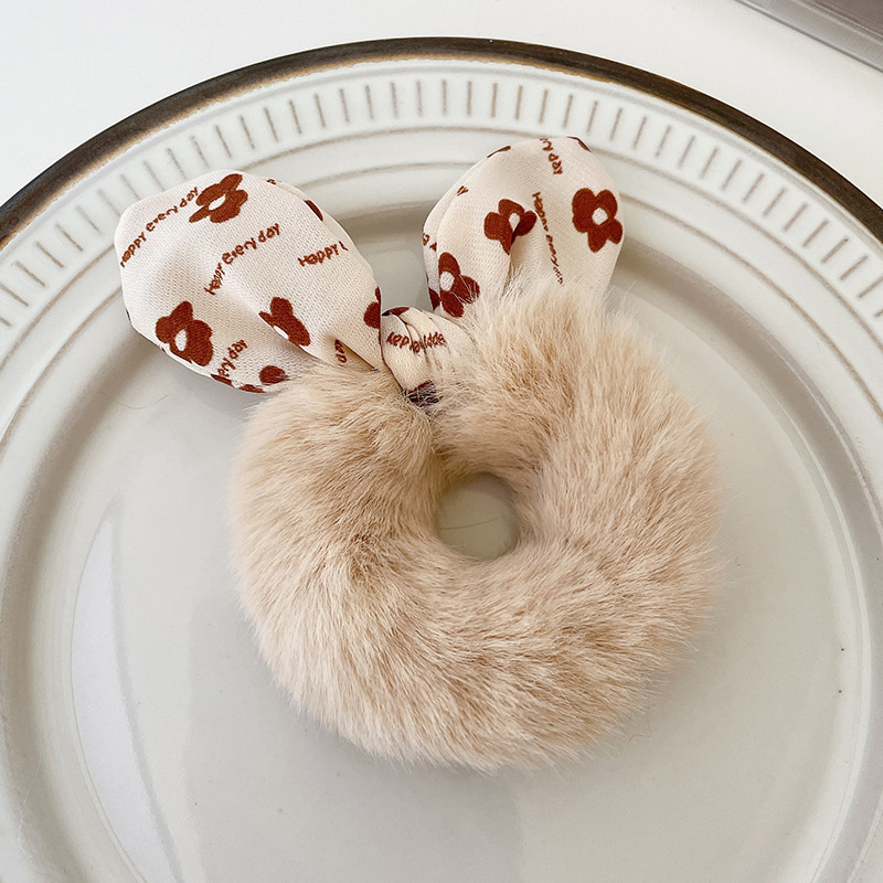 兔耳朵毛茸茸大肠发圈 秋冬毛绒纯色头绳女 复古扎马尾皮筋批发