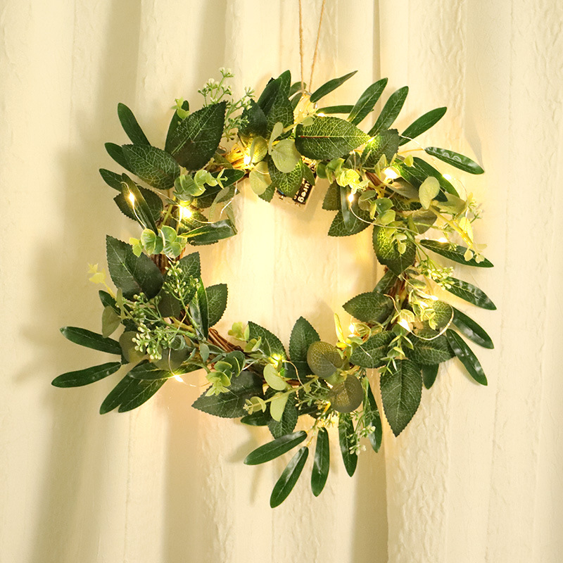 鸿禹 尤加利橄榄枝藤圈花环 仿真绿叶装饰门挂春色节日挂件亚马逊