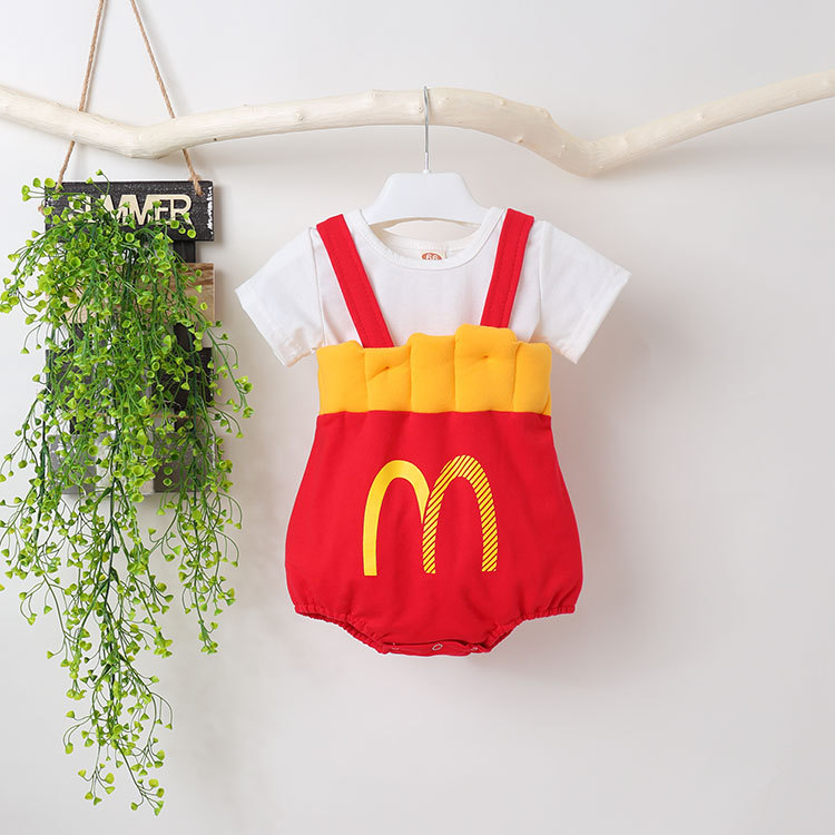 Foshan 2023ins Autumn Infant Rompers Boys and Girls Baby French Fries Strap Rompers Jumpsuit Get Hat for Free Baby Clothes