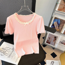 粉色小香风蝴蝶结针织衫短袖2024夏季新款法式设计感花边短款上衣