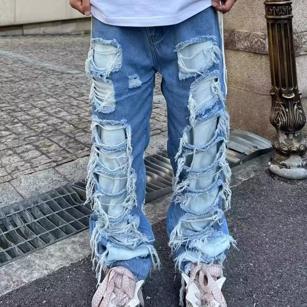 baggy 欧美糜烂割裂补丁牛仔裤男款高街宽松直筒乞丐长裤外贸跨境