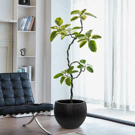 厂家批发大口径花盆竖条纹黑色花盆跨境专供3个尺寸套装塑料花盆