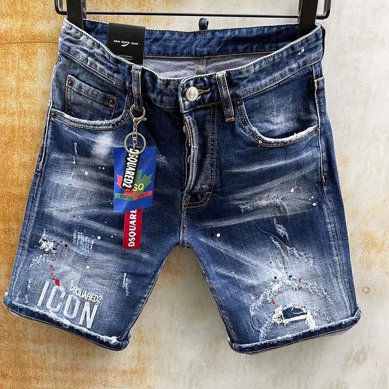 Foreign Trade New Mid Pants Men's Slim Fit Five-Point High Cotton Stretch Fashion Jeans Blue Paint Pants 9136