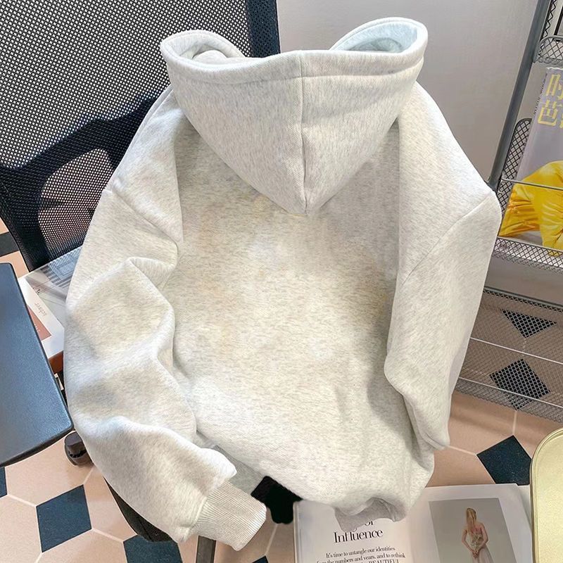 超火灰色高级感卫衣女春秋冬加绒小众设计连帽美式复古外套潮款