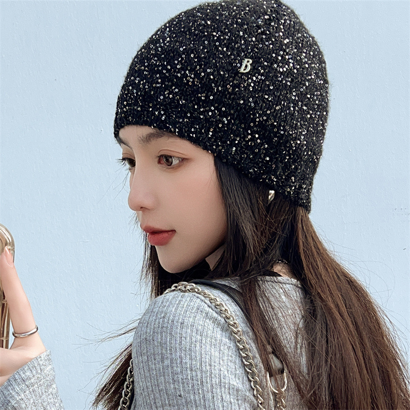 jennie同款韩国冷帽秋冬香香女孩亮闪片针织帽时尚显脸小包头帽潮