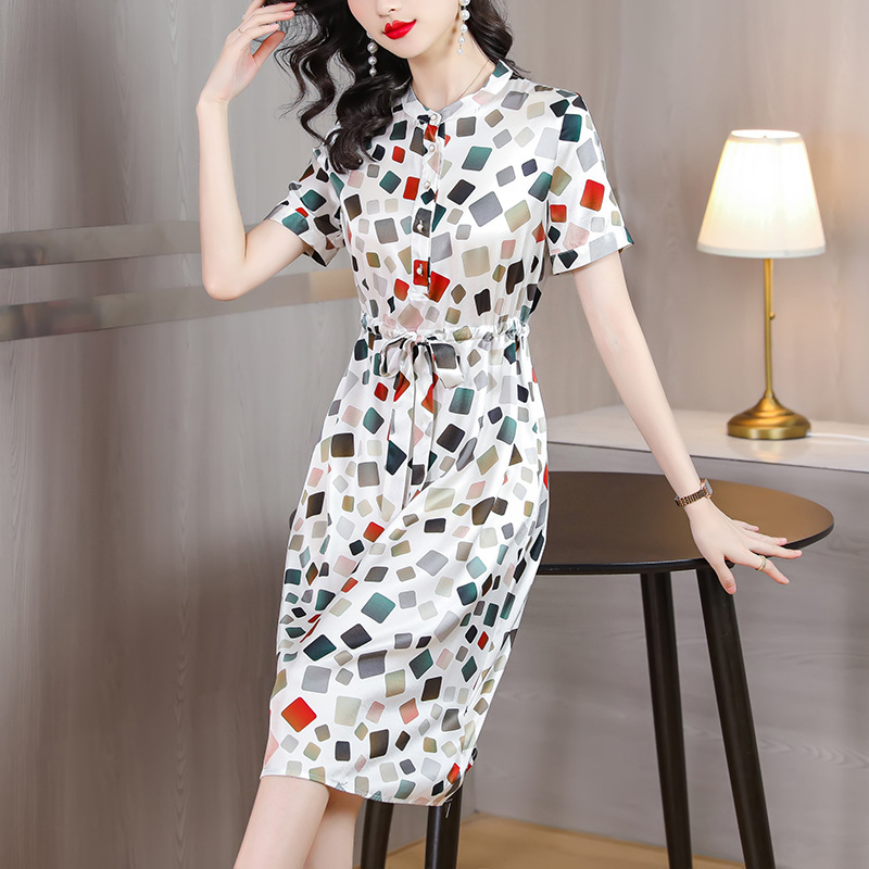 重磅真丝连衣裙国际2023新款妈妈抽绳系带杭州品牌桑蚕丝大牌裙子