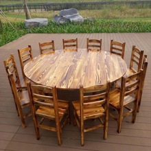 餐桌大圆饭店组合碳化木桌一套实木圆桌桌子餐桌椅木带纯桌椅转盘
