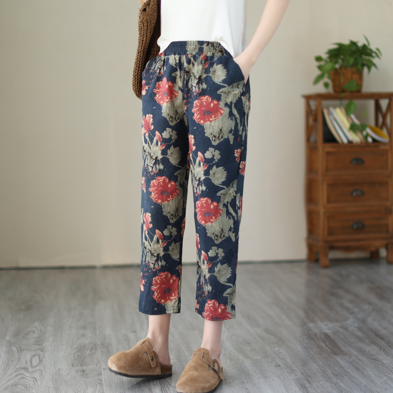 Summer Pure Cotton Mom Pants 2023 Middle-Aged and Elderly Plaid Cropped Pants Middle-Aged Harem Pants Floral Print Casual Jumpsuit Children