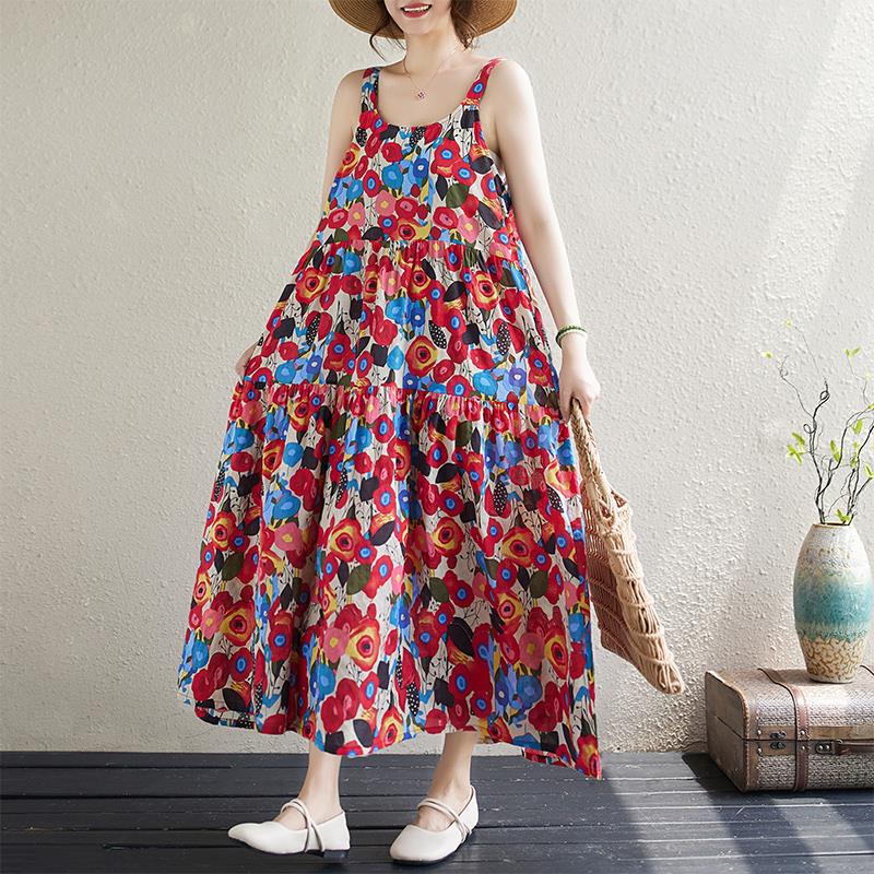 2024夏季新款中老年妈妈装民族风圆领吊带宽松显瘦沙滩印花连衣裙