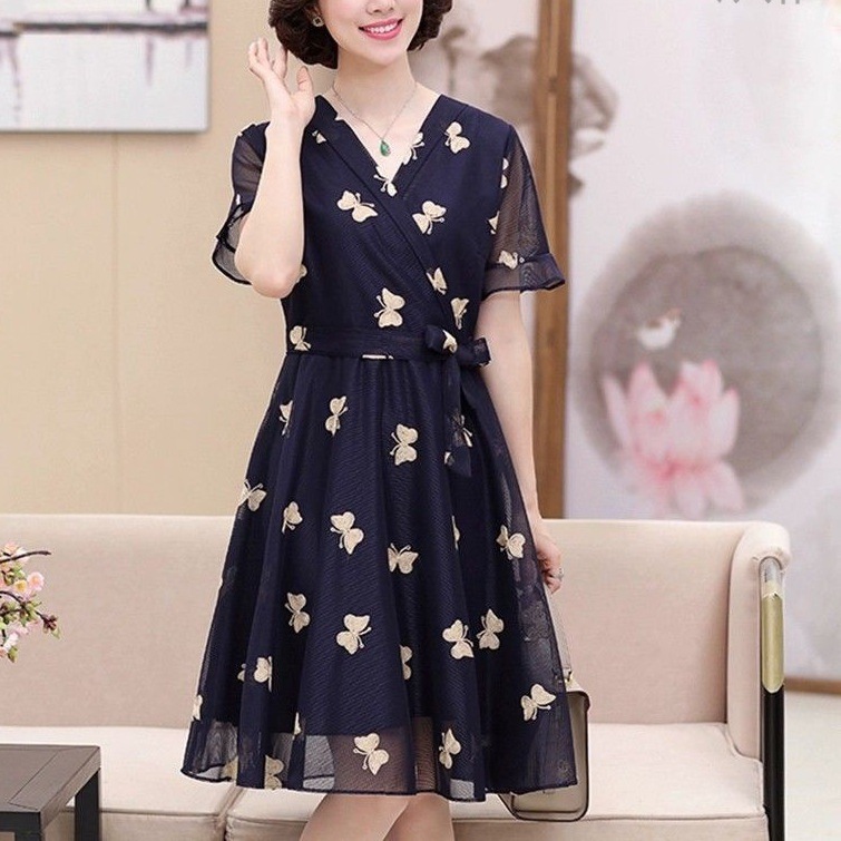 x葊2年轻妈妈夏装雪纺连衣裙小个子40岁50洋气中老年女装气质高贵