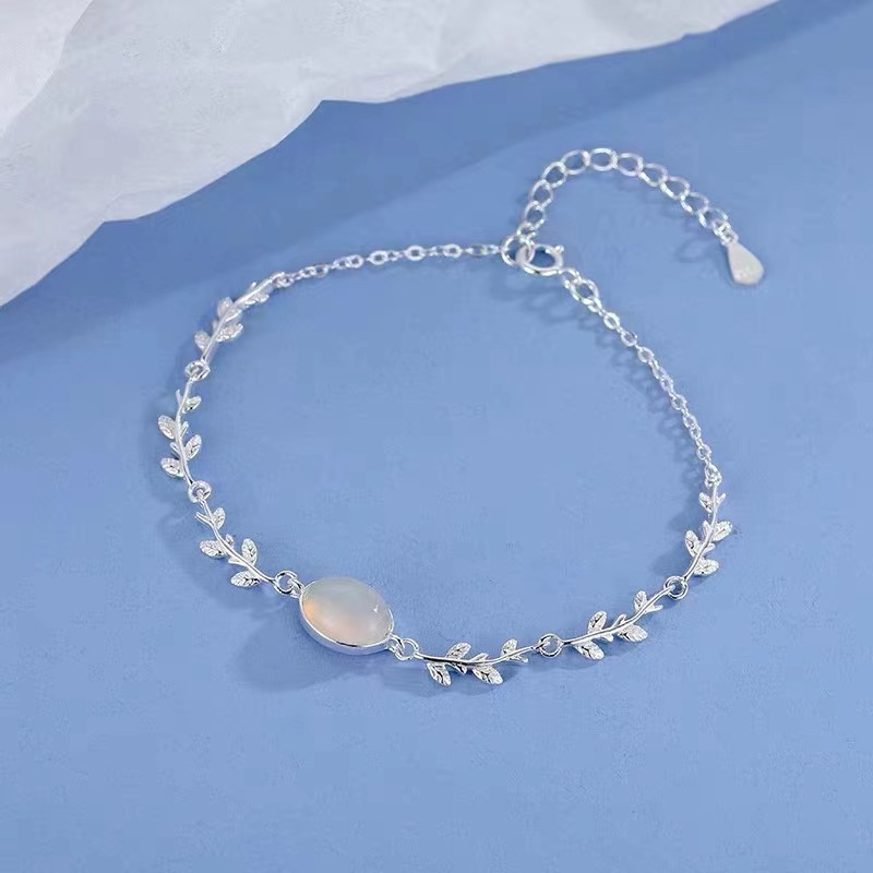 Ornament S925 Silver Bracelet Ins Style Special-Interest Design Chalcedony Leaf Bracelet High-Grade Cold Style