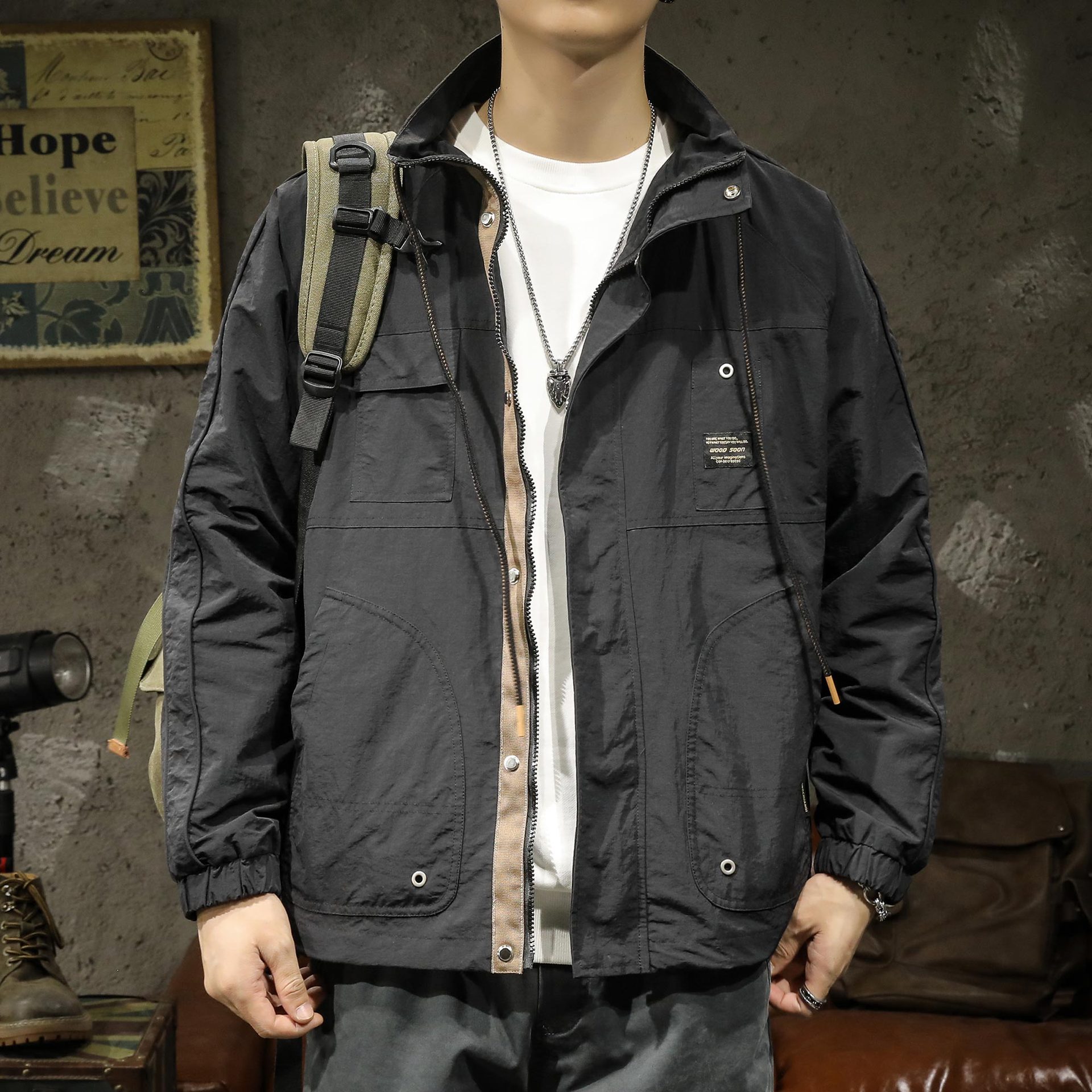 美式复古猎装翻领工装夹克男士秋冬季户外通勤休闲百搭冲锋衣外套