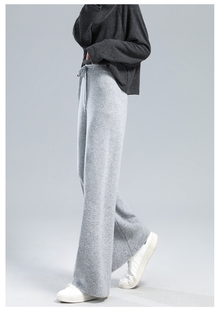 2021秋冬新款纯羊毛阔腿裤女高腰系带纯色显瘦羊绒四平针织休闲裤