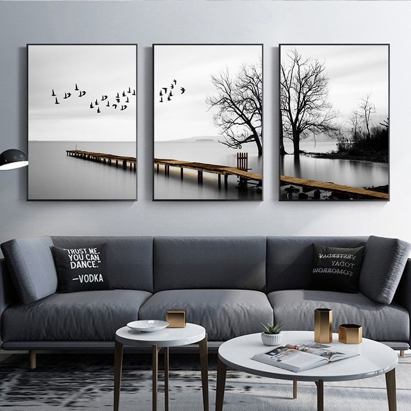 客厅装饰画黑白灰北欧风格挂画沙发背景墙三联画卧室墙画餐厅壁画