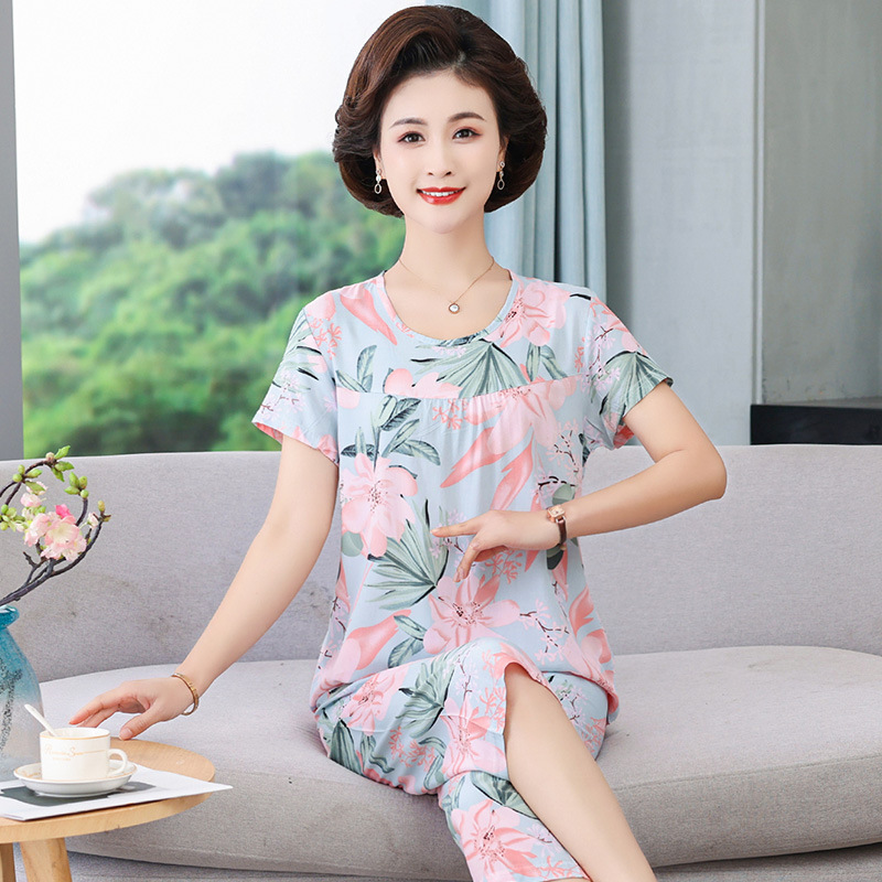 Pajamas Women's Summer Mom Poplin Pajamas Suit Middle-Aged and Elderly Short-Sleeved Home Wear Large Size Elderly Pajamas Can Be Worn outside