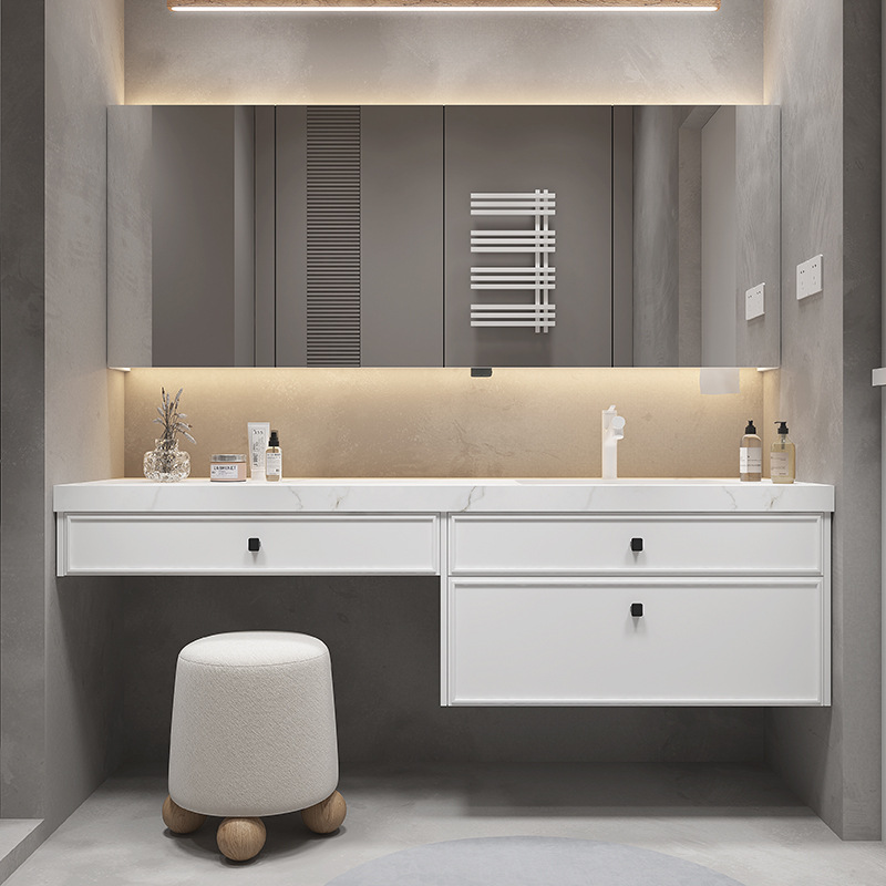浴室柜组合岩板一体盆无缝化妆镜梳妆台洗手池洗脸盆卫生间洗漱台