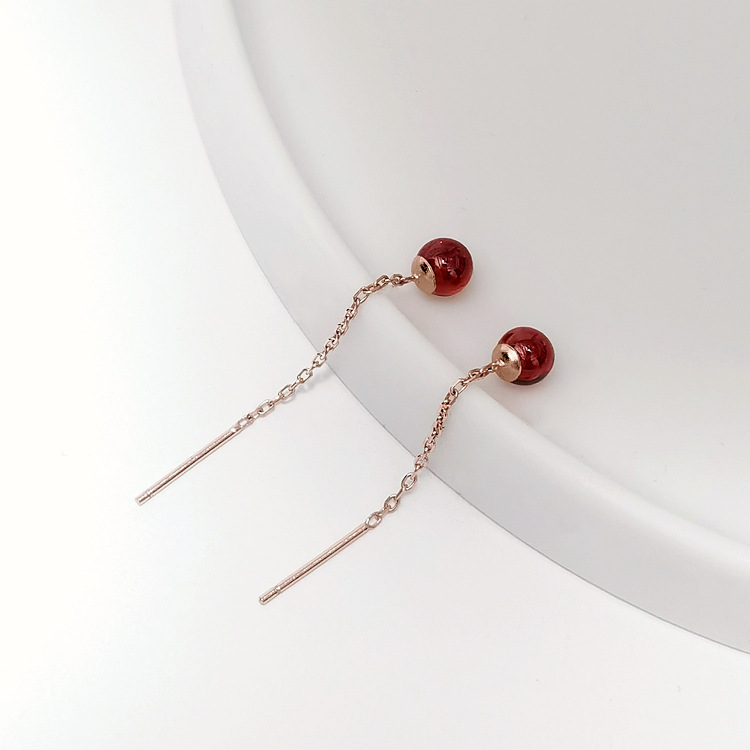 小清新s925纯银小耳线女款通体银简约红色石榴石耳饰品红珠耳线