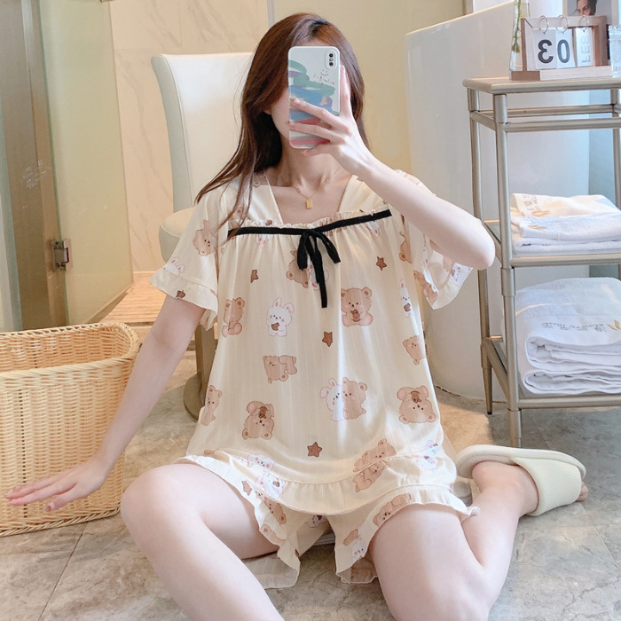 Cross-Border Foreign Trade Summer New Sweet Cute Loose Cartoon Shorts Short Sleeve Women's Pajamas Can Be Outerwear Homewear