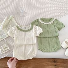 ins婴儿套装纯色针织镂空短袖毛衣套装女宝宝夏款韩版周岁两件套